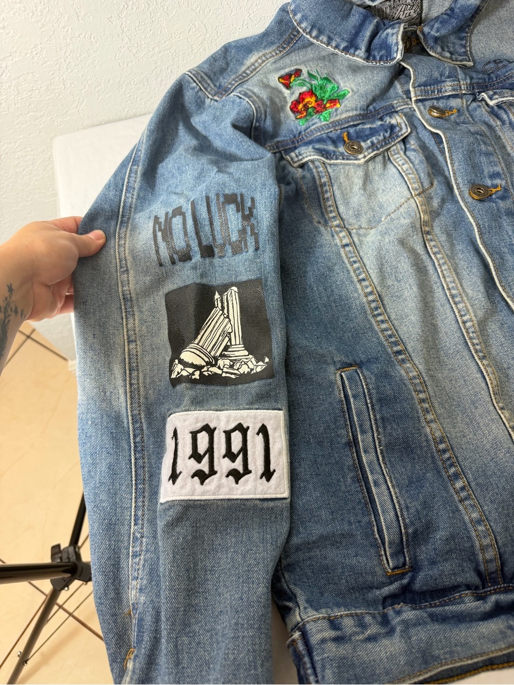 Brooklyn Cloth Light Blue Denim Jacket with Multicolor Patch Accents - Picture 3 of 10